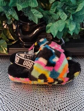 UGG Multicolor Shearling Slide with Neon Patchwork